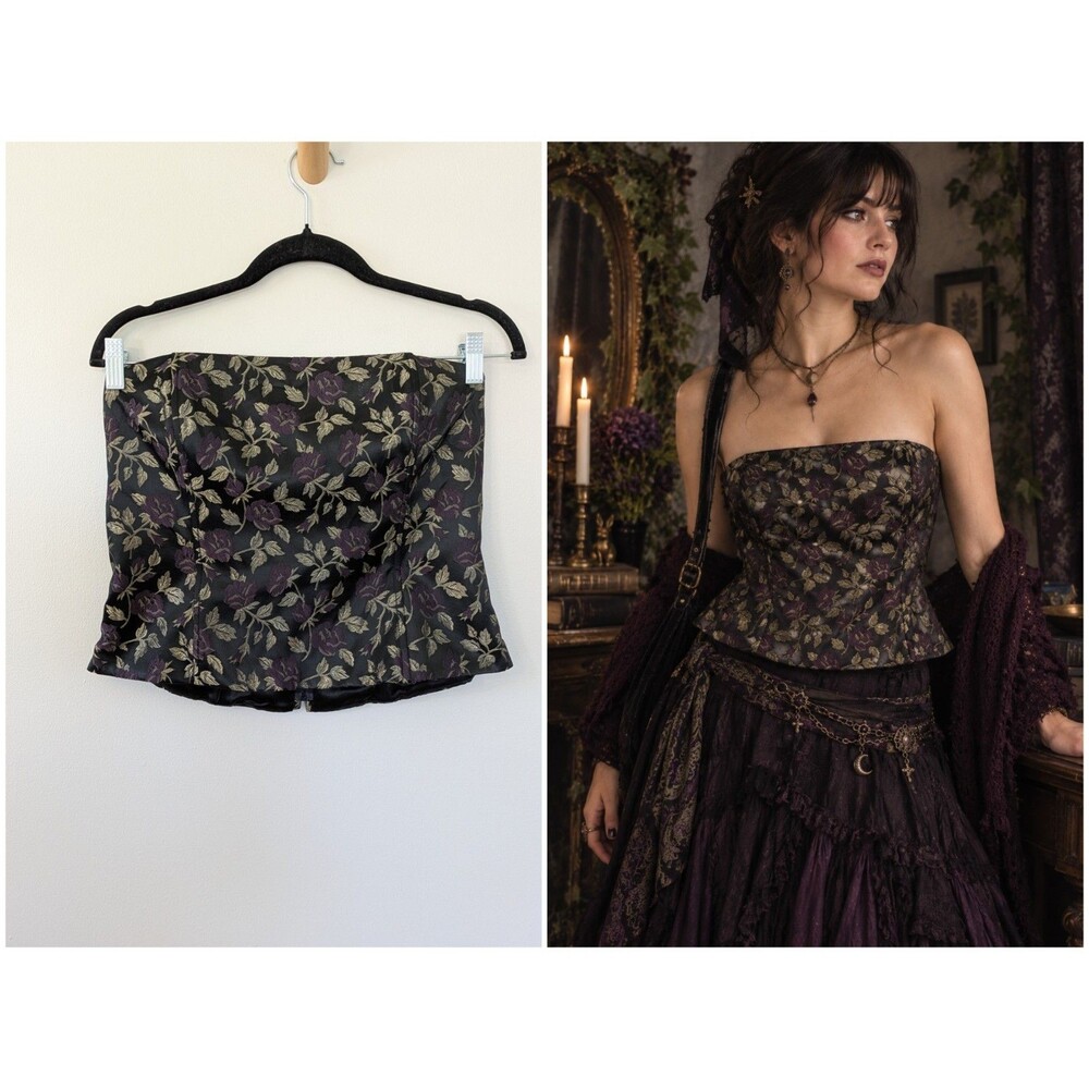 Vtg Jessica McClintock Corset Top Bustier Baroque Whimsigoth Floral Brocade